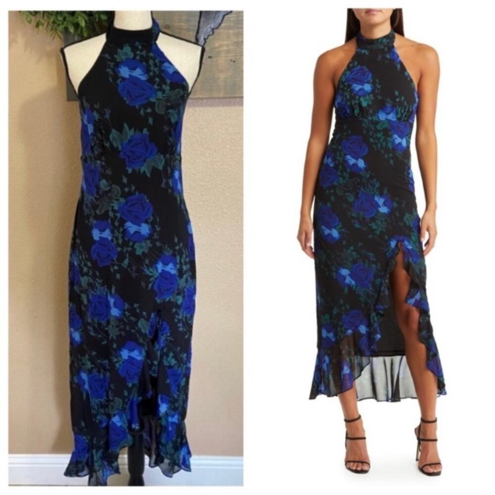 Halter Neck Blue Floral Midi Dress